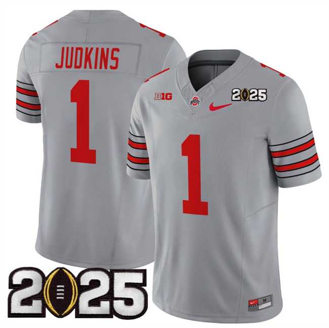 Mens Ohio State Buckeyes #1 Quinshon Judkins Grey 2025 CFP Final Patch F.U.S.E. Vapor Limited Stitched Football Jersey